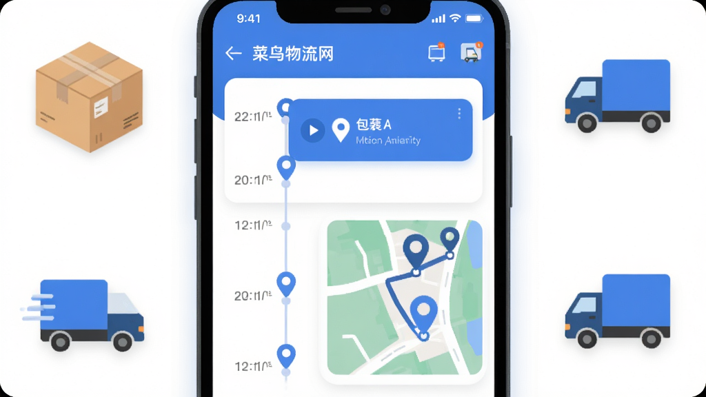 画面主体是一部智能手机屏幕显示菜鸟物流网应用界面,包裹轨迹时间轴与地图路线清晰可见,布局为手机居中、周围环绕快递纸箱与物流货车小图标,排版简洁留白充足,风格为扁平化插画,细节包括蓝色主色调、圆角卡片、站点标记点,画质高清干净无多余元素