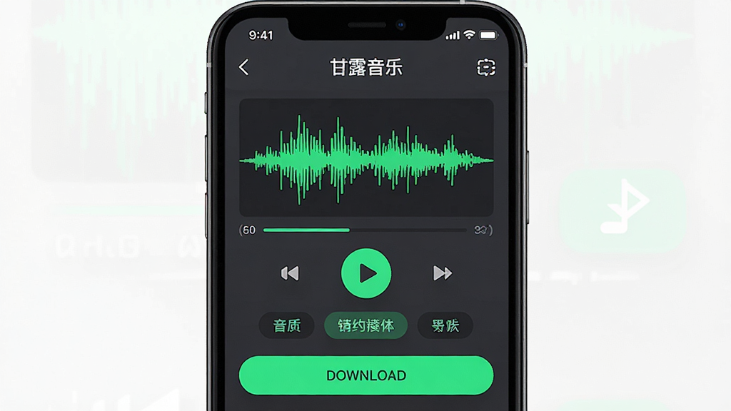 一张音频波形与下载按钮组合的界面示意图,画面主体为手机屏幕内显示