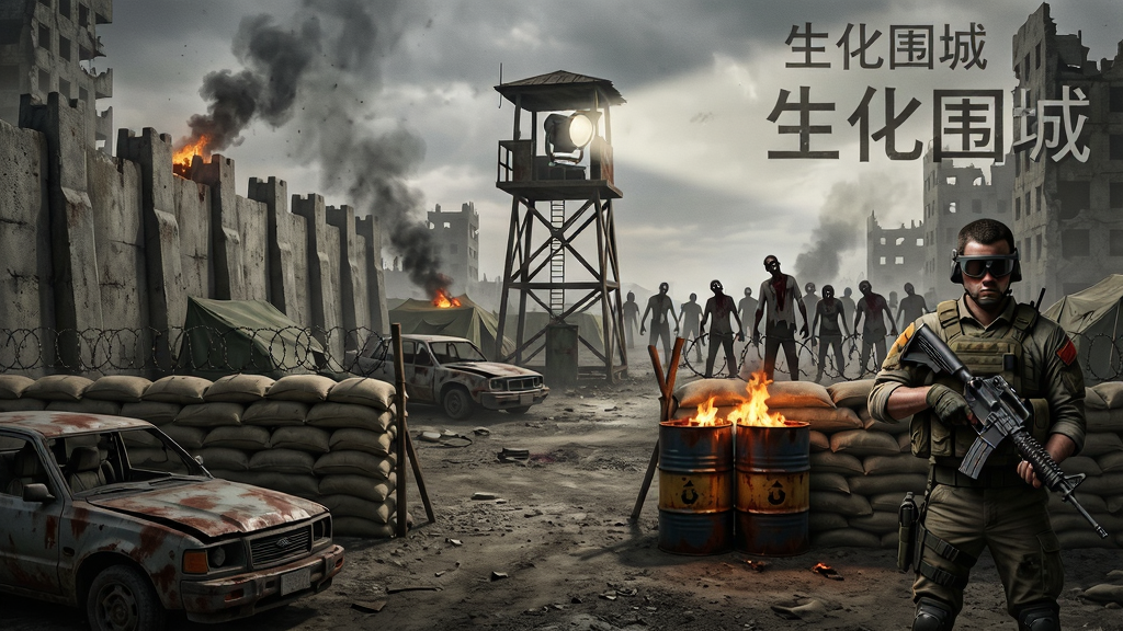 末日废墟城市背景下一座由沙袋和铁丝网围成的幸存者营地,营地中央有望塔和探照灯,远处成群丧尸剪影逼近,画面主体为营地防御工事,布局左侧为城墙右侧为英雄角色持枪警戒,风格写实末日废土风,细节包含破损车辆、燃烧油桶、飘散的灰烬,画质高清干净无多余元素,画面中可出现文字“生化围城”