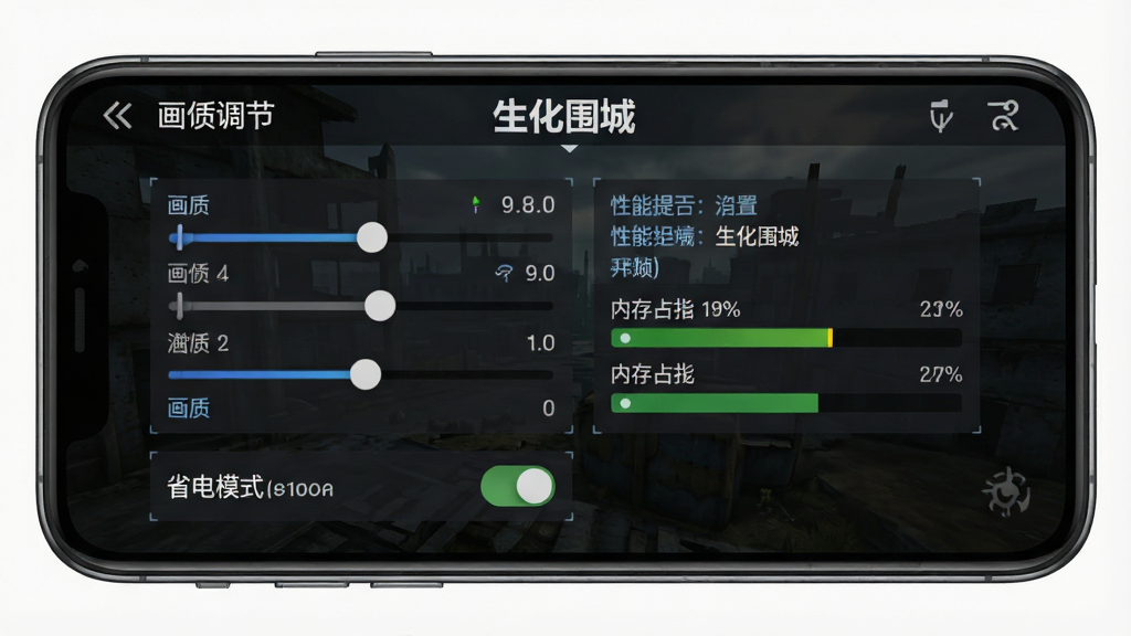手机屏幕显示生化围城游戏设置界面,主体为画质调节滑块与省电模式开关,布局左侧为画质选项右侧为性能提示,风格简洁的移动端游戏UI界面,细节包含帧率显示、内存占用条、清晰的按钮图标,画质高清干净无多余元素,画面中可出现文字“生化围城”