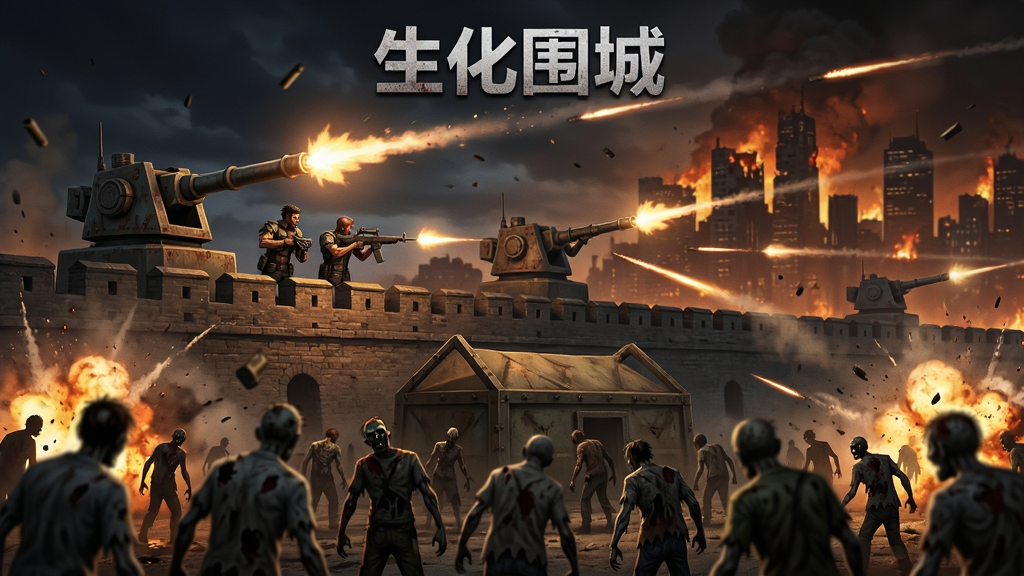夜色笼罩的城墙防线上丧尸群从多个方向涌来,主体为城墙上的英雄与炮塔同时开火形成交叉火力网,布局前景为涌动的丧尸中景为防御工事背景为燃烧的城市天际线,风格紧张刺激的末日战斗场景,细节包含弹道轨迹、爆炸火光、飞溅的碎片,画质高清干净无多余元素,画面中可出现文字“生化围城”