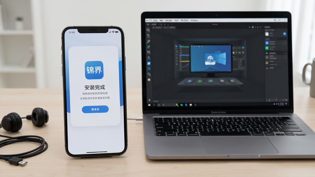 画面主体为一部智能手机与一台笔记本电脑并排摆放,手机屏幕显示“锦界”应用安装完成界面,电脑屏幕显示应用模拟器运行画面;布局为左右并列构图,背景为浅色桌面,旁边放置耳机与数据线作为点缀;风格为写实数码场景风格,细节上屏幕内容清晰、设备质感真实;画质高清,画面干净,无多余元素