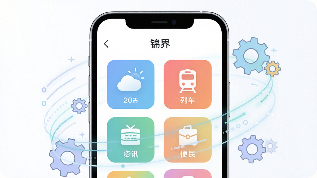画面主体为一部智能手机正视图,屏幕显示“锦界”应用的功能导航页面,界面以网格形式排列天气、列车、资讯、便民等多个彩色图标入口;布局采用居中构图,手机四周环绕轻量的数据流线条与齿轮元素象征运行流畅;风格为科技简约插画风格,细节上图标配色柔和、线条干净;画质高清,画面干净,无多余元素