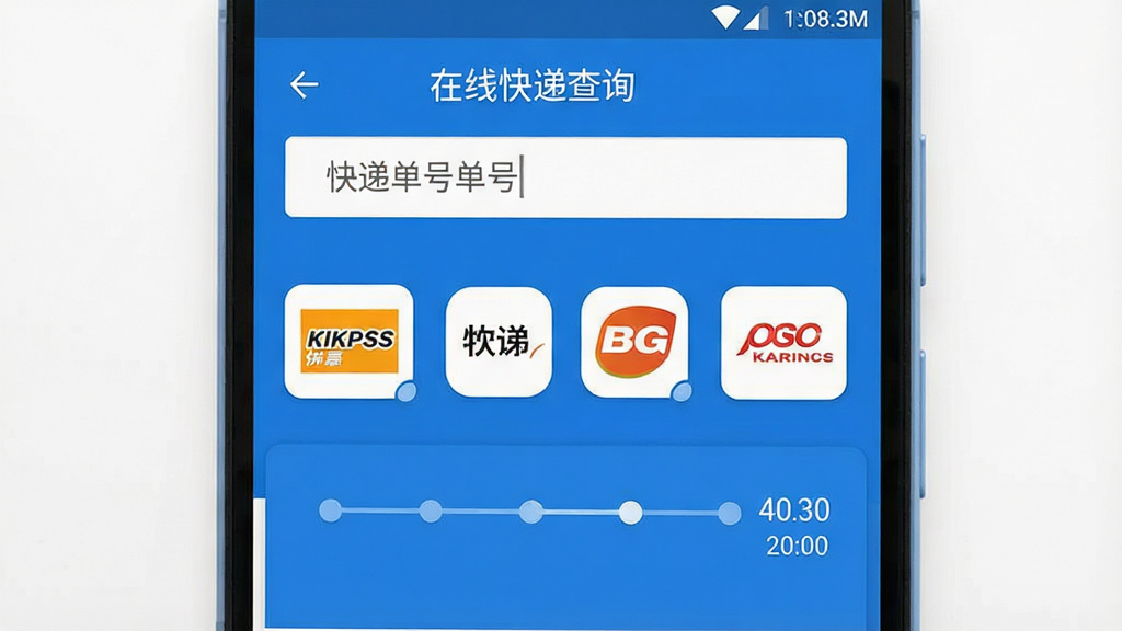 一张简洁现代的安卓手机界面展示,屏幕中央显示“在线快递查询”软件主页面,上方有快递单号输入框,下方列出多家快递公司图标与物流轨迹时间线,整体采用蓝白配色,扁平化设计风格,画面干净整洁,无多余装饰元素,高清画质,适合软件介绍配图