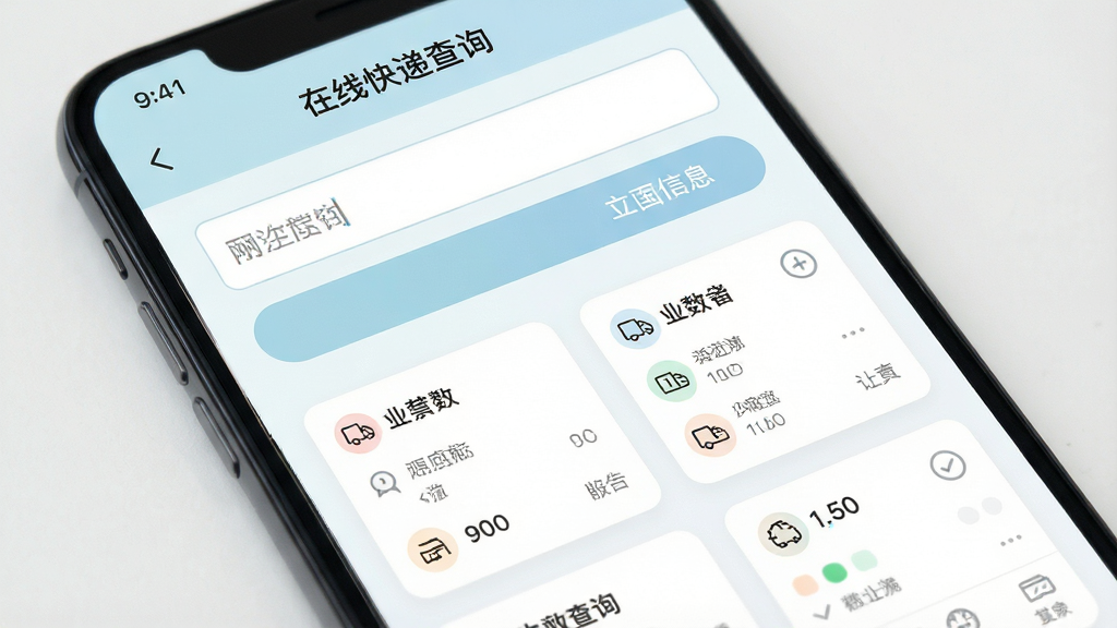 一张手机应用界面的特写图,画面展示“在线快递查询”软件的操作页面,界面元素简洁,输入框、按钮和物流信息卡片排列有序,配色柔和,风格清爽,布局清晰,细节精致,画质高清,干净无杂乱