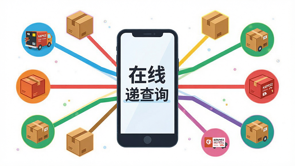 一幅信息图表风格的插画,画面中央是一个手机屏幕,屏幕内显示“在线快递查询”字样,屏幕向外发散出多条彩色线条连接着不同快递公司的标志性包裹图标,整体布局居中对称,风格简洁现代,色彩明快,细节清晰,画质干净,无多余元素