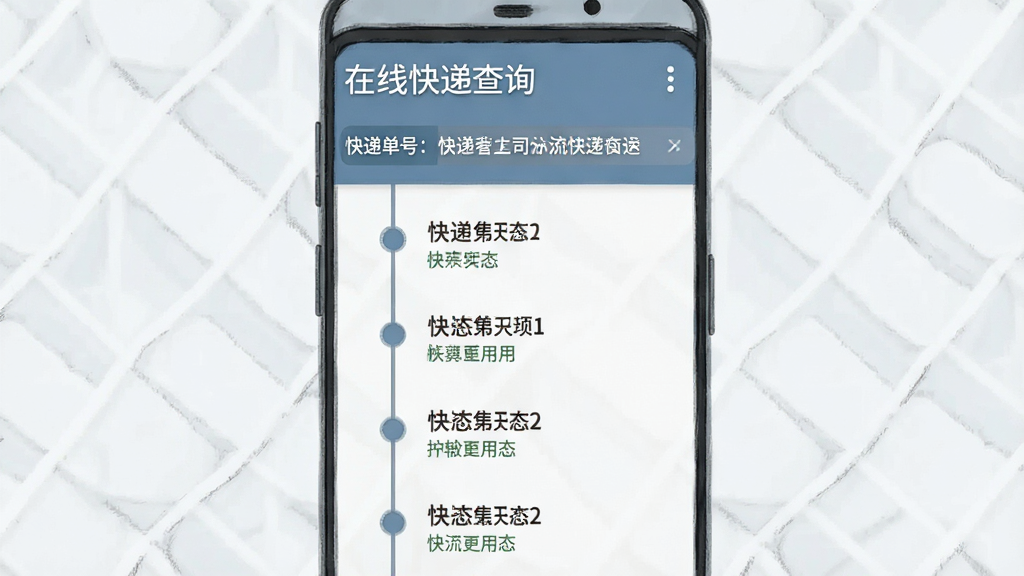 一张安卓手机屏幕截图风格示意图,画面展示“在线快递查询”软件的物流轨迹时间线页面,上方显示快递单号与快递公司名称,下方以纵向时间轴排列各物流节点,节点旁配有状态文字,整体界面清爽,蓝灰色调,布局规整,画质清晰,干净简洁