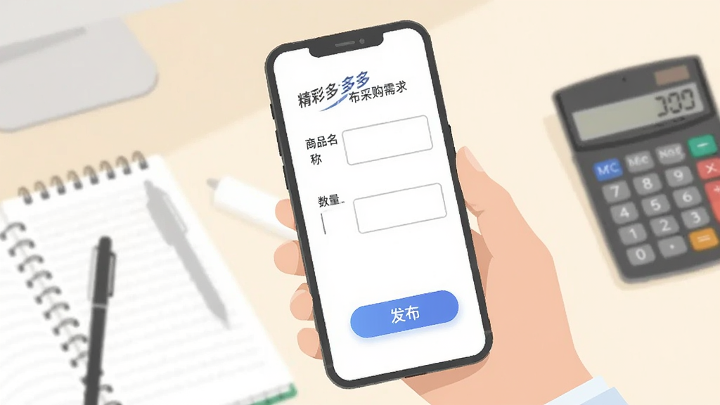 画面主体为一只手持手机的手,手机屏幕显示精采多多发布采购需求的表单页面,表单上方有商品名称与数量输入框,下方悬浮一个蓝色发布按钮,背景为浅色办公桌面,旁边散落笔记本与计算器,风格为简洁扁平插画,色调明亮柔和,画质干净清晰,无杂乱元素