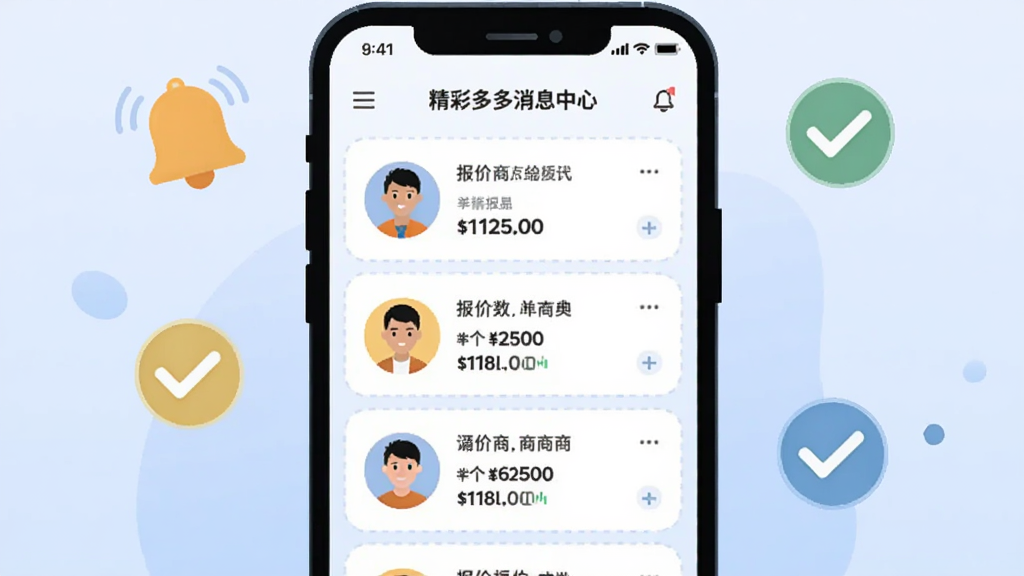 画面为精采多多消息中心界面的插画呈现,手机屏幕内显示多条报价通知卡片,每条卡片带有供应商头像与报价金额,屏幕外有铃铛与对勾图标环绕,整体采用浅蓝渐变背景,扁平化设计风格,线条简洁,画质清晰干净,无多余元素