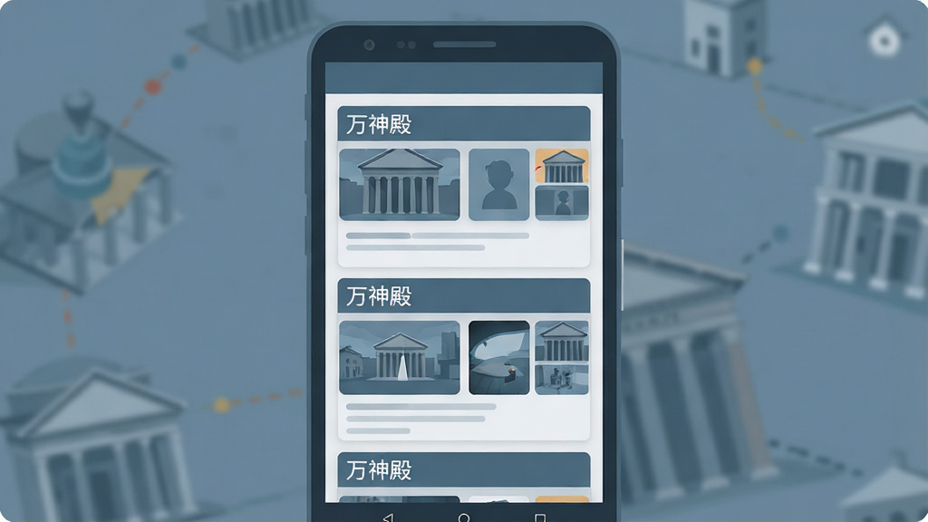 一张表现万神殿内容聚合功能的示意图,画面主体为一部安卓手机,手机屏幕内展示多个内容卡片整齐排列,卡片上有“万神殿”字样的标题栏,旁边配有小尺寸缩略图,整体采用扁平化插画风格,色调以蓝灰为主,布局清晰有序,画质干净,无杂乱元素
