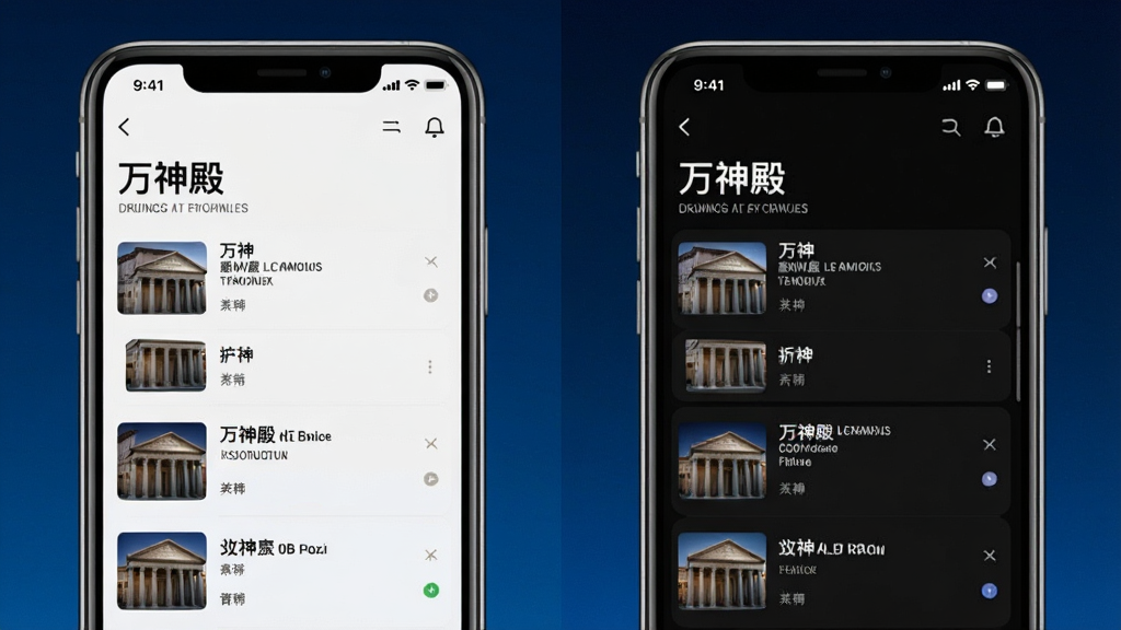 一张展示万神殿夜间模式效果的对比图,画面左侧为浅色模式下的手机界面,右侧为深色模式下的同一界面,屏幕中均显示“万神殿”文字标识与内容列表,背景为深蓝渐变,整体风格科技感十足,画质清晰,对比鲜明,无多余元素