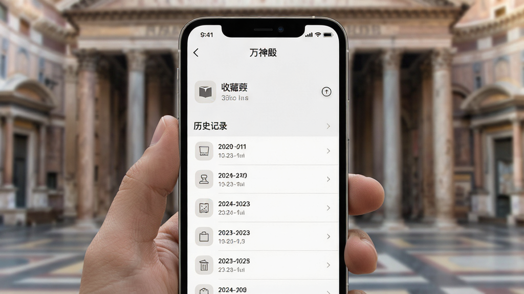 一张展示万神殿收藏与历史记录界面的手机截图风格图片,画面中手机屏幕显示“万神殿”个人中心页面,上方为收藏夹图标与数量提示,下方为按日期分组的历史记录列表,整体界面采用浅色主题,图标线条简洁,画质清晰,布局规整,无多余装饰