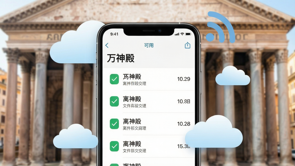 一张表现万神殿离线缓存功能的创意图片,画面中央为一部手机,手机屏幕内显示“万神殿”缓存管理页面,列表项带有下载完成的对勾图标与文件大小标注,手机周围漂浮着云朵与信号波纹元素,象征离线可用,整体风格清爽明快,画质干净,主体突出
