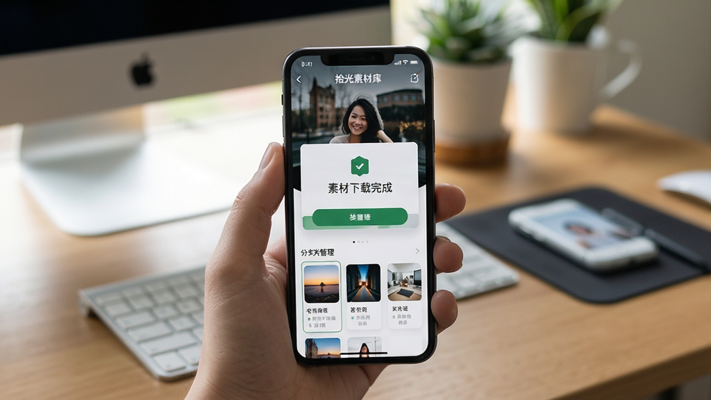 拾光素材库移动端使用场景展示,手机屏幕显示素材下载完成提示与分类管理界面,背景为桌面环境,风格真实自然,画质清晰干净