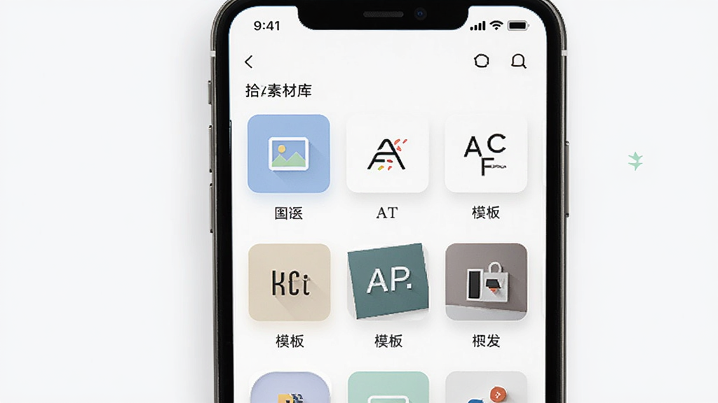 拾光素材库软件主界面展示,手机屏幕中呈现素材分类网格布局,包含图片、字体、模板等图标,界面干净整洁,风格现代简约,画质清晰,无多余元素