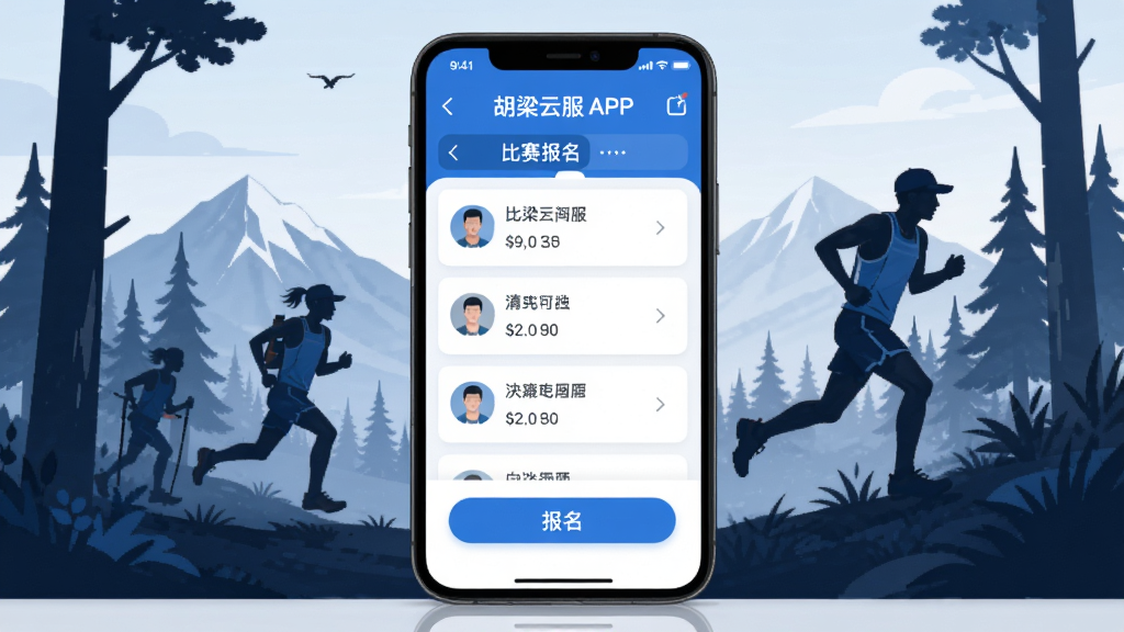 胡梁云服APP赛事报名页面展示,手机屏幕中呈现比赛列表和报名按钮,背景为定向越野选手在山林间奔跑的剪影,界面设计清爽,蓝白配色,扁平化插画风格,高清画质,画面干净