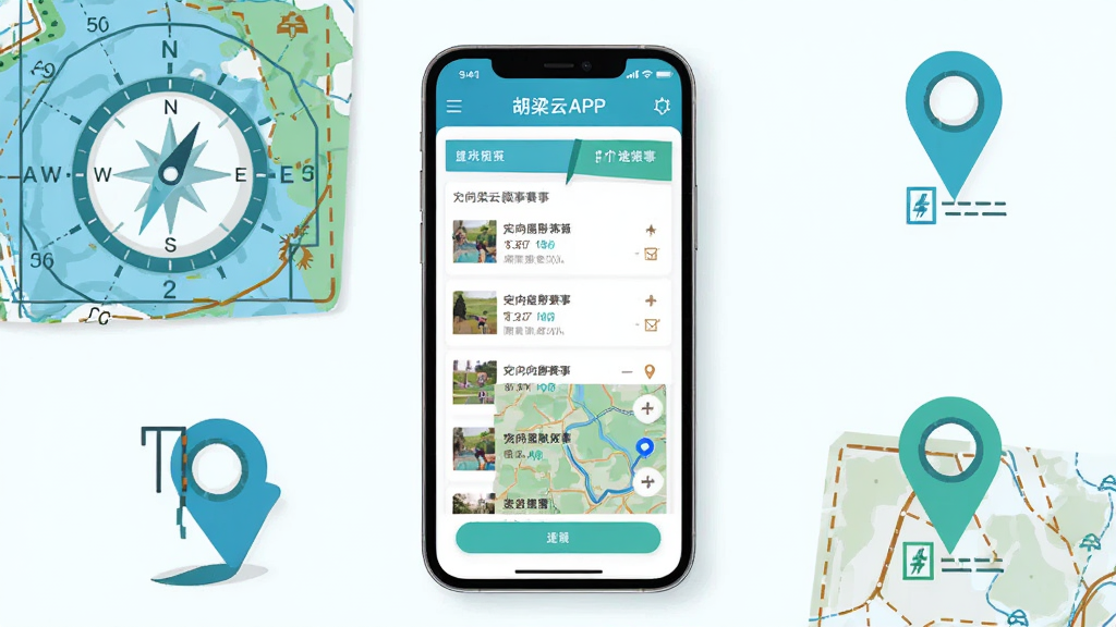 手机屏幕展示胡梁云服APP首页界面,定向越野赛事列表和地图导航模块清晰可见,周围环绕定向越野地图、指北针、打卡点标志等元素,扁平化设计风格,蓝绿色调为主,画面干净整洁,高清画质,无多余装饰