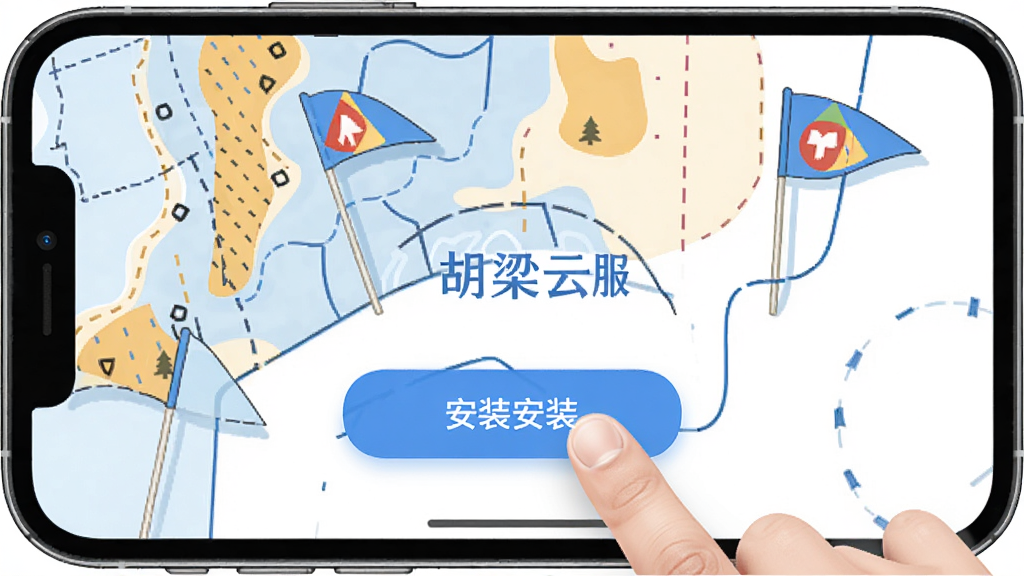 胡梁云服APP在手机上的安装引导界面,手指点击安装按钮,背景为定向越野地图和打卡旗元素,简洁插画风格,蓝白色调,高清画质,画面干净无杂乱元素