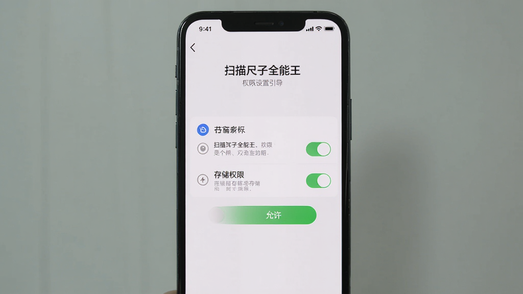 主体为手机屏幕显示“扫描尺子全能王”权限设置引导页面,画面中有相机与存储权限开关;布局为手机界面居中;排版为设置项列表;风格为简洁引导页风格;细节包括权限图标、说明文字、允许按钮;画质清晰、干净、无多余元素