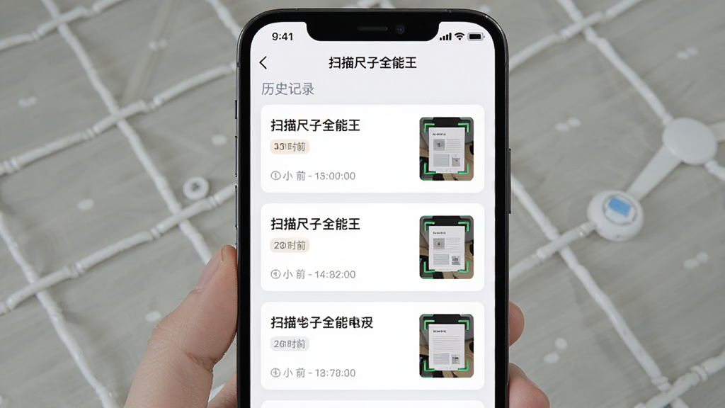 主体为手机屏幕显示“扫描尺子全能王”历史记录列表界面,列表中包含多条测量记录与扫描文档缩略图;布局为手机居中展示;排版为卡片式列表;风格为清爽浅色UI风格;细节包括单位标签、时间戳、缩略图;画质清晰、干净、无多余元素