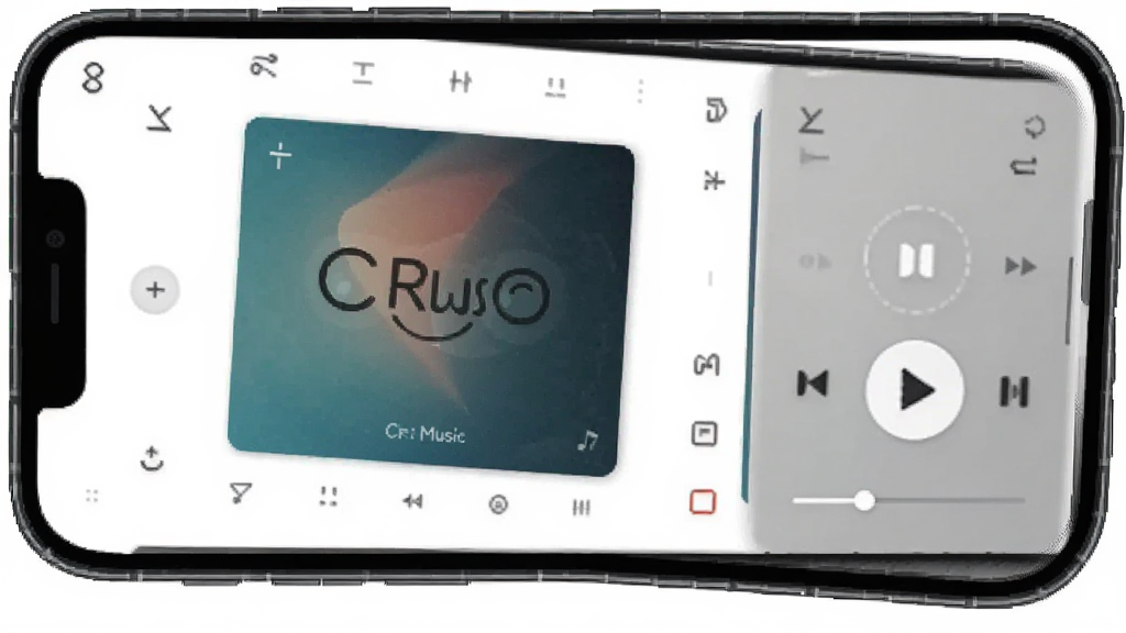 CRMusic 音乐播放器界面展示,主体为手机屏幕中的播放页与专辑封面,布局为上下结构,排版留白充足,风格极简现代,细节包含进度条与播放按钮,画质高清干净无多余元素