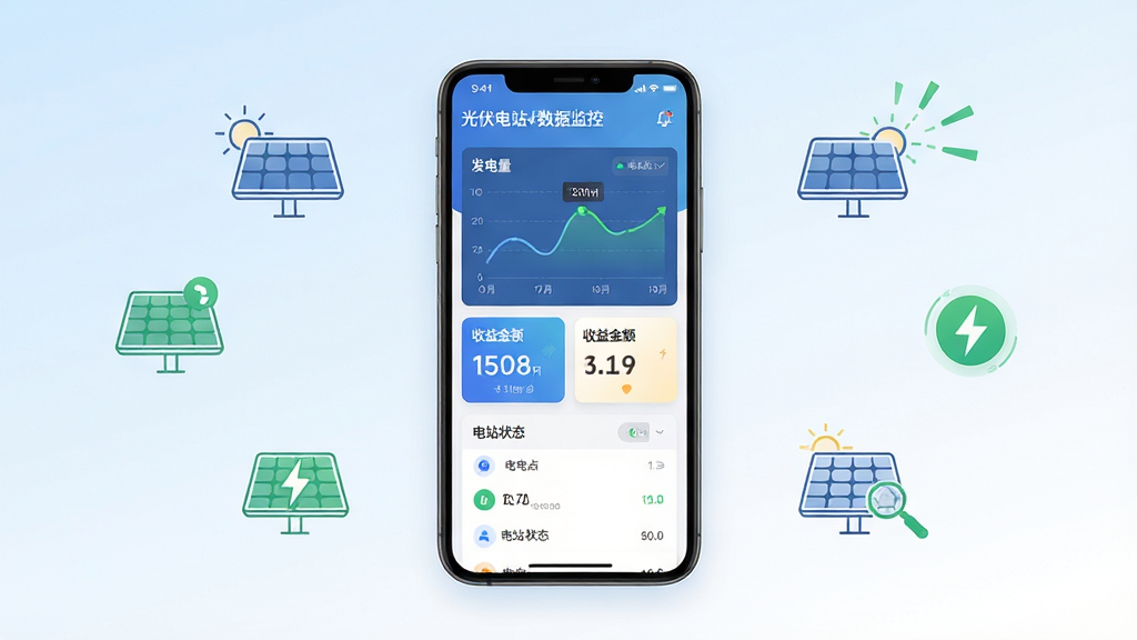 正泰安能+软件主界面全貌展示,画面中央是一部竖屏手机,屏幕内呈现光伏电站数据监控首页,包含发电量曲线、收益金额卡片与电站状态列表,背景为浅蓝到白色的渐变,周围点缀简洁的光伏板线条图标与绿色能源符号,整体风格清爽现代、扁平化设计,排版居中对称,细节干净利落,高清画质,无多余装饰元素