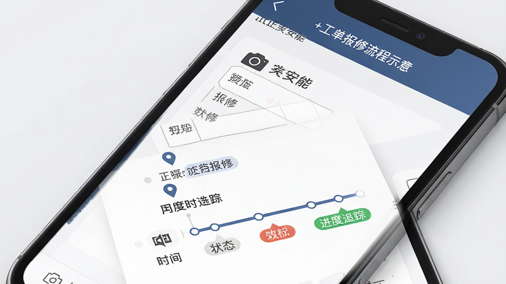 正泰安能+工单报修流程示意,画面为手机屏幕特写,展示报修工单填写页面与进度追踪时间轴,界面元素包含相机图标、定位图标与状态标签,背景为简洁的浅灰白色,风格商务干练,排版纵向清晰,细节锐利,高清画质,无多余干扰元素