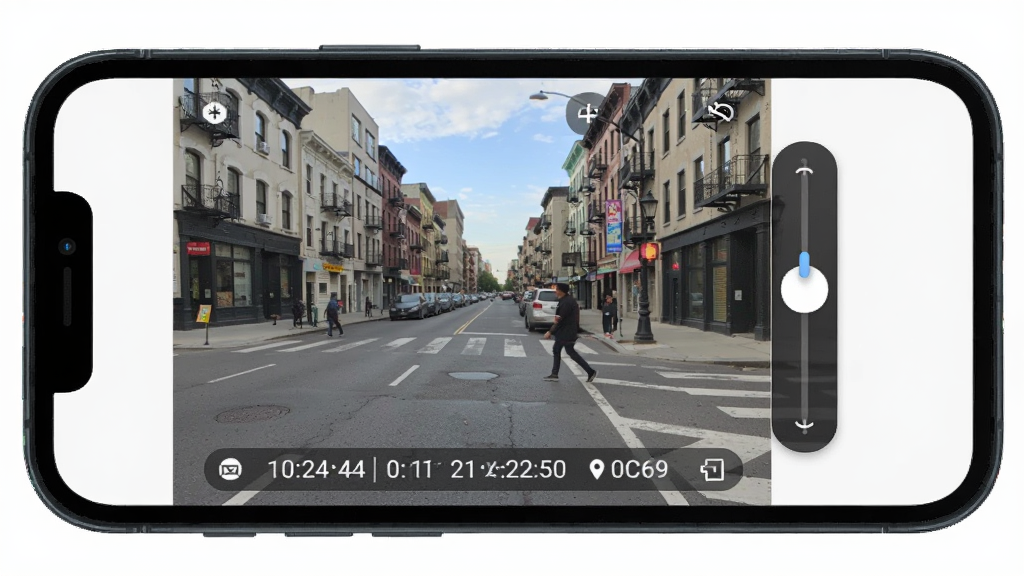 水印修改相机软件实时拍摄界面展示图,手机屏幕中显示街景画面并带有时间地点水印条,画面右侧有可拖动的调整手柄,布局为手机正面居中,风格写实简洁,细节清晰,画质干净,无多余元素