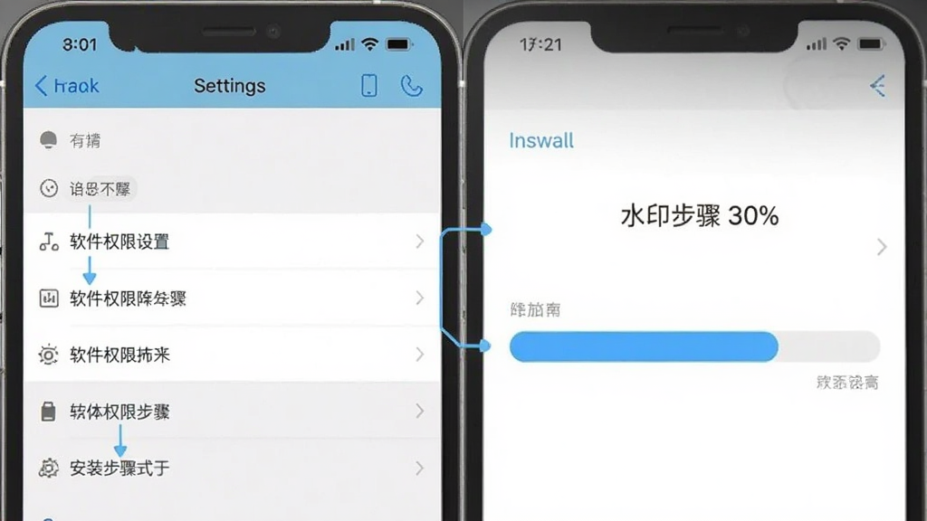 水印修改相机软件权限设置与安装步骤示意图,画面为手机设置界面与安装进度条组合布局,风格扁平化信息图,细节清晰,画质干净,无多余元素