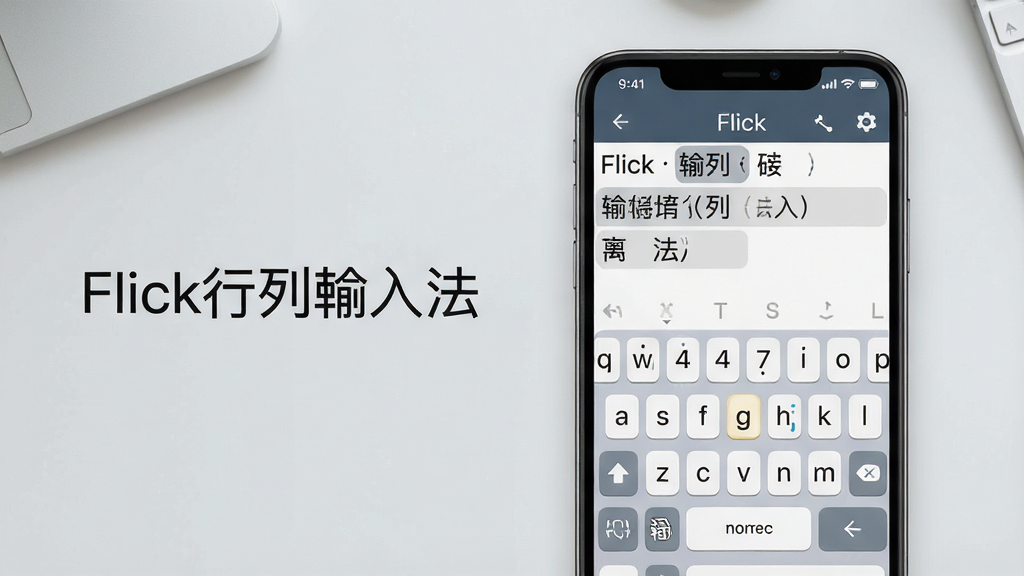 一张展示Flick行列入法手机端输入界面的场景图,画面中央为一部竖屏智能手机,屏幕显示行列输入法键盘布局与候选字栏,键盘按键排列整齐,背景为简洁的浅灰色桌面,排版上手机居中偏右,左侧留白处放置软件名称文字“Flick行列入法”,风格为干净的产品展示风,细节包括按键圆角、候选字高亮、状态栏图标,画质清晰锐利,干净无多余元素