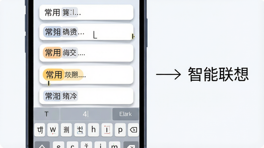 一张表现Flick行列入法智能联想功能的示意图,画面主体为手机屏幕特写,屏幕上显示输入过程中的候选词列表,多个候选词以卡片形式纵向排列,其中常用词有高亮标记,布局上手机屏幕占据画面中心偏左,右侧以简洁线条箭头指向“智能联想”四个字,风格为科技感扁平插画,细节包括候选词卡片阴影、光标闪烁效果、字根按键区域,画质清晰,干净无多余元素