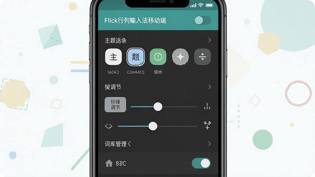 一张展示Flick行列入法移动端设置界面的场景图,画面为手机屏幕特写,屏幕显示键盘设置菜单,包含主题选择、按键调节滑块、词库管理入口等选项,布局上手机居中,周围以浅色几何图形点缀,风格为清新扁平化UI展示风,细节包括菜单图标、滑块控件、开关按钮,画质清晰,干净无多余元素