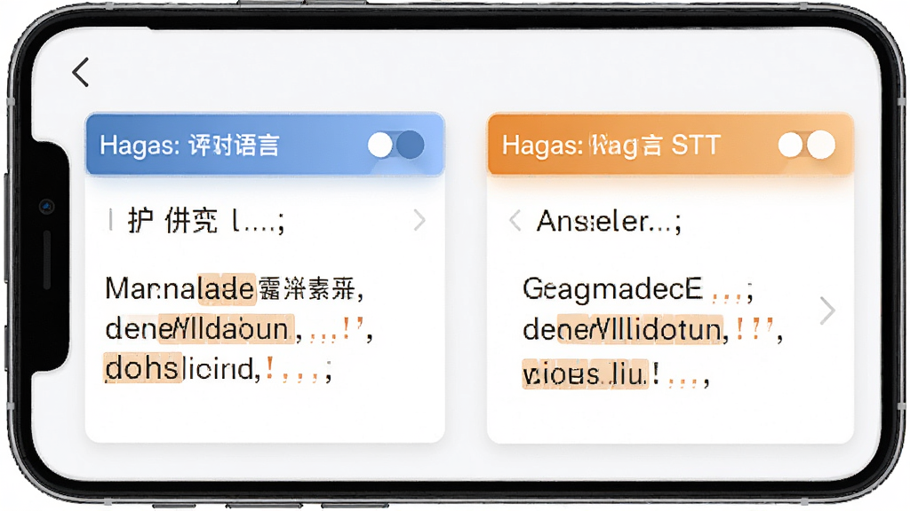 Marmalade STT 多语言识别功能示意图,主体为手机界面中并列显示中文、英文识别结果卡片,布局为左右分栏,排版整齐,风格简约商务,细节包含语言切换标签与标点符号高亮,画质高清、干净、无多余元素