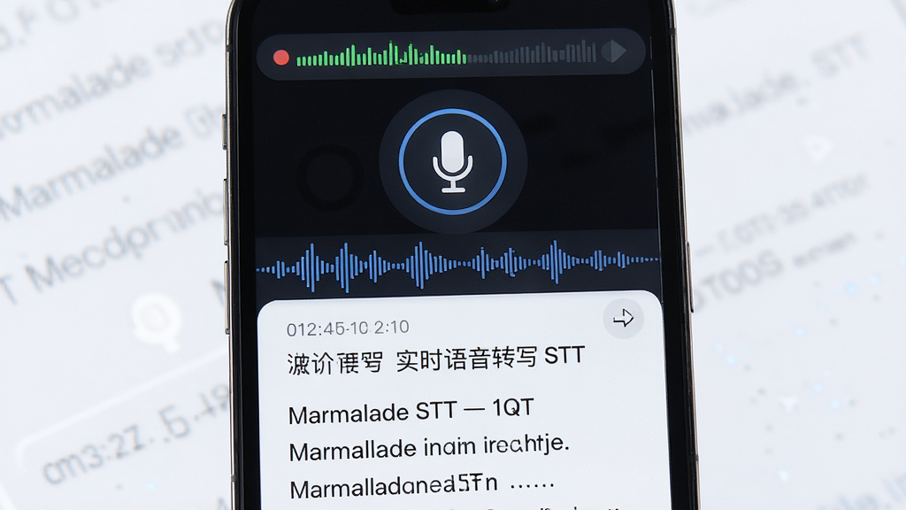 Marmalade STT 实时语音转写功能展示图,主体为手机屏幕上的麦克风图标与滚动的文字识别结果,布局为上下结构,上方是录音状态条,下方是转写文字区,风格清爽科技感,细节包含声波波形与时间戳,画质高清、干净、无多余元素