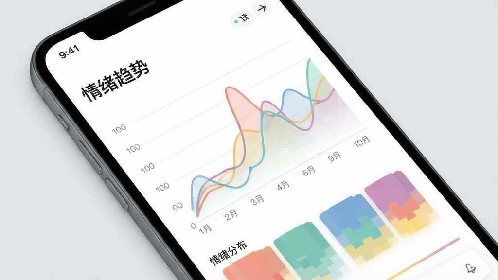 一张展示Caring应用情绪趋势图表的界面示意图,画面主体为手机屏幕内显示彩色折线图和情绪分布色块,屏幕上方有“情绪趋势”字样,布局为手机斜放在浅灰色背景上,风格为简洁数据可视化展示,细节包括图表线条流畅、配色柔和、界面元素清晰,画质高清干净,无多余元素