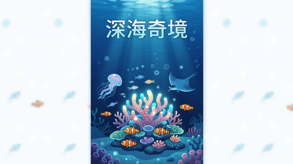 画面主体是一片幽蓝深邃的海底世界,中央有一座发光的珊瑚礁,周围游弋着水母、小丑鱼和鳐鱼,布局上珊瑚礁位于画面中心偏下,上方留出海水渐变的深蓝色空间,排版采用竖版手机屏幕比例,风格为清新治愈的扁平插画风,细节包括珊瑚表面的纹理光泽、鱼群游动的动态模糊、海底光斑的丁达尔效应,画质高清干净,无多余元素,画面中可加入文字