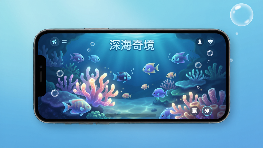 画面主体是手机屏幕中显示深海奇境游戏界面,屏幕中央有发光的珊瑚和游动的小鱼,布局上手机居中放置,背景为柔和的海蓝色渐变,排版简洁,风格为产品展示图,细节包括屏幕内游戏UI的干净布局、珊瑚的柔和光晕、周围漂浮的泡泡,画质清晰干净,无多余元素,画面中可加入文字
