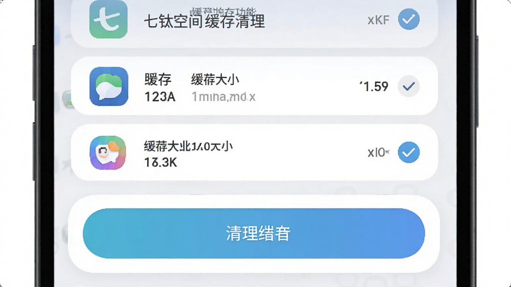 一张“七钛空间”缓存清理功能示意图,主体为手机屏幕显示缓存清理页面,布局为上方应用列表与缓存大小,下方清理按钮,风格为柔和圆角卡片式设计,细节包含应用图标、缓存数值、勾选状态,画质清晰,画面干净,无多余元素