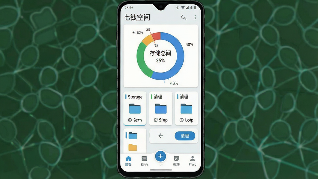 一张展示安卓手机屏幕的示意图,画面中央是“七钛空间”应用主界面,布局为顶部显示存储总览环形图,中部为分类清理卡片,底部为功能导航栏,风格为清爽浅色科技风,细节包含存储条、文件夹图标、清理按钮,画质清晰,画面干净,无多余元素