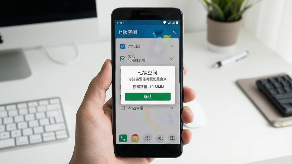 一张展示手机清理操作场景的示意图,主体为手持安卓手机,屏幕显示“七钛空间”清理确认弹窗,布局为手机居中、背景为简洁桌面环境,风格为生活化写实风,细节包含勾选列表、确认按钮、存储容量提示,画质清晰,画面干净,无多余元素