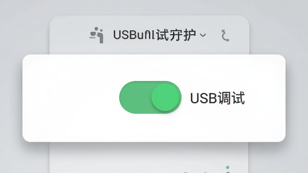 安卓手机界面展示“USB调试守护”应用内的快捷开关面板,面板上有一个醒目的拨动开关控件,开关旁标注“USB调试”文字,整体布局为卡片式设计、开关居中突出,风格为现代简约扁平风,细节包括开关的绿色开启状态、卡片阴影柔和、背景为浅灰渐变,画质高清干净,无多余元素