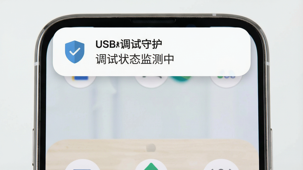 一部安卓手机屏幕特写,屏幕上方弹出“USB调试守护”的实时监控通知卡片,卡片内显示盾牌图标与“调试状态监测中”字样,手机背景为简洁的浅色桌面,布局为手机居中、通知卡片位于屏幕上半部分,风格为清爽扁平化UI展示风,细节包括通知卡片的圆角设计、图标清晰、手机边框金属质感明显,画质高清干净,无多余元素