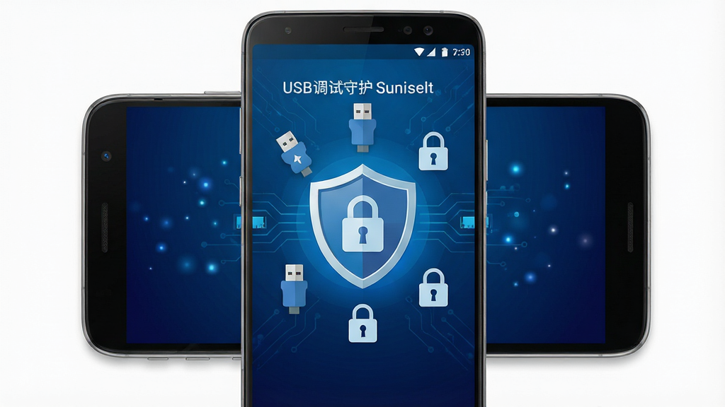 画面中央是一部安卓智能手机,手机屏幕显示“USB调试守护”应用主界面,界面以盾牌图标为核心元素,周围环绕USB接口符号与安全锁图标,背景为深蓝色科技感渐变,布局采用居中对称构图,风格为扁平化现代科技风,细节包括手机机身金属质感、屏幕内UI元素清晰锐利、周围有细微的光点粒子点缀,画质高清干净,无多余元素,整体视觉突出安全防护主题