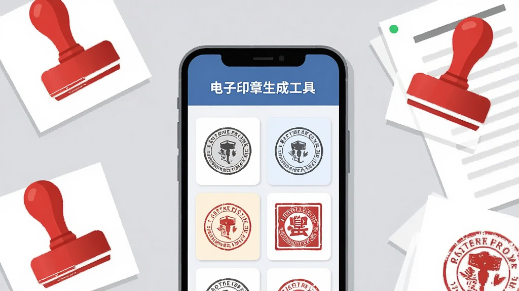 画面中央放置一部智能手机,手机屏幕显示电子印章生成工具的主界面,界面中排列着圆形与方形印章模板卡片,屏幕上方有“电子印章生成工具”标题文字,手机周围散落几枚红色印章图案的卡片与文件纸张,背景为浅灰色办公桌面,整体采用扁平化插画风格,细节清晰,画质干净,无多余元素