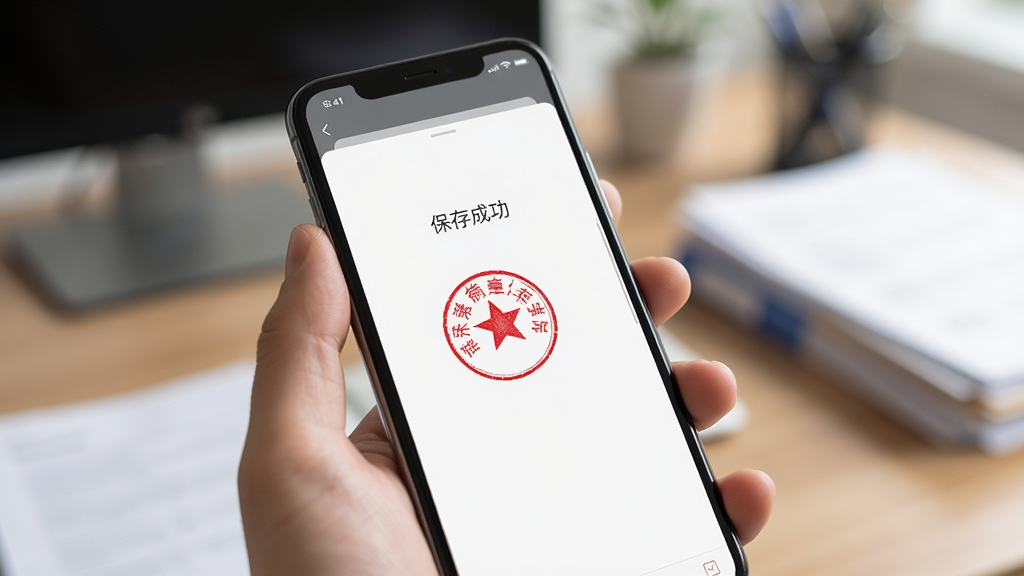画面中一只手握着手机,手机屏幕显示电子印章生成工具的导出成功提示界面,屏幕中央有一枚清晰的红色圆形印章预览图,旁边有“保存成功”字样,背景为虚化的办公桌面与文件,采用写实风格,光线柔和,画质干净,无多余元素