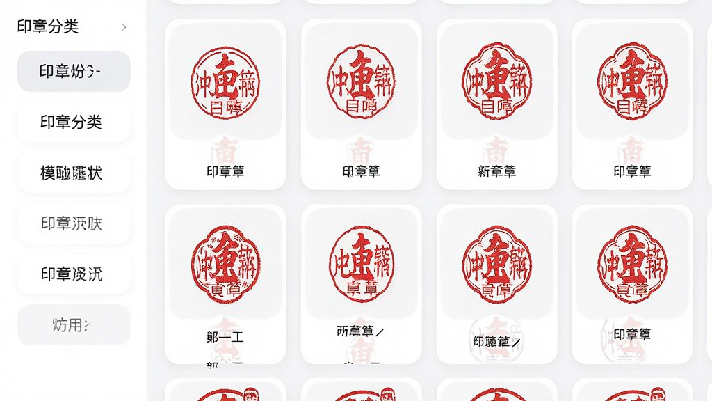 画面展示电子印章生成工具的模板选择界面,左侧为印章分类标签栏,右侧为网格状排列的多种红色印章模板卡片,每张卡片下方标注印章类型文字,界面风格清爽简洁,采用浅色背景与圆角卡片设计,画质清晰干净,无多余装饰元素