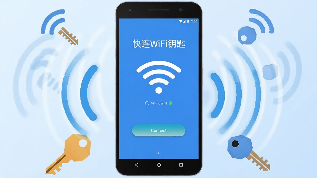画面中央放置一部安卓手机,手机屏幕上显示“快连WiFi钥匙”应用主界面,界面中有WiFi信号图标和连接按钮,手机周围环绕多个无线网络信号波纹与钥匙图形元素,背景为浅蓝色渐变,整体采用扁平化科技插画风格,细节干净利落,画质清晰,无多余装饰元素