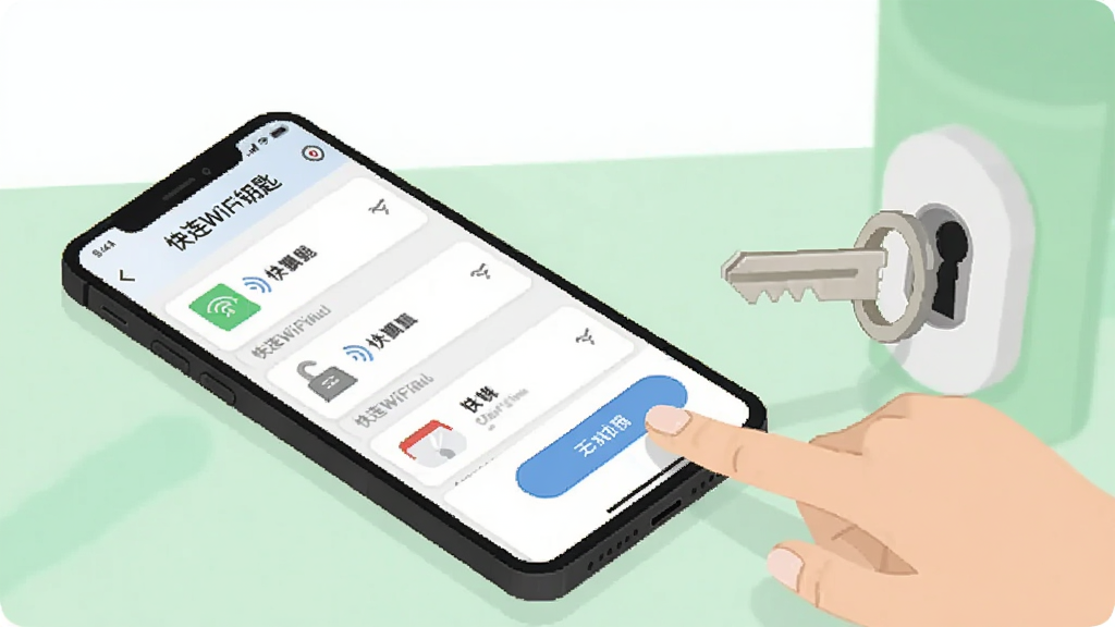 一部手机平放在桌面上,屏幕显示“快连WiFi钥匙”热点列表页面,旁边有一只手正点击连接按钮,画面中有钥匙插入锁孔的隐喻图形,背景为简洁的白色与淡绿色搭配,扁平插画风格,构图清晰,画质干净,无杂乱元素