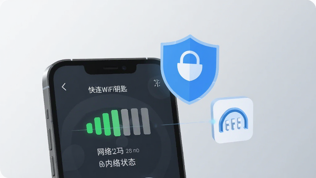 手机屏幕显示“快连WiFi钥匙”网络检测界面,界面中有信号强度条形图与网络状态文字,手机旁边漂浮着盾牌与信号格图标,背景为浅灰色科技感渐变,扁平化设计风格,细节简洁,画质清晰,无多余元素