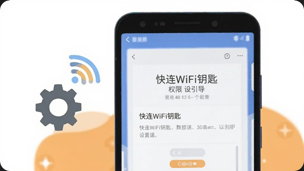 一部安卓手机屏幕显示“快连WiFi钥匙”权限设置引导页面,旁边有齿轮与信号图标,画面采用扁平化插画风格,背景为浅橙色与白色搭配,构图简洁,画质清晰,无多余元素
